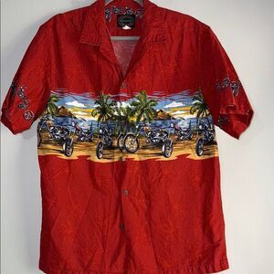 Vibrant Red Shirt with Beach and Motorcycle Design